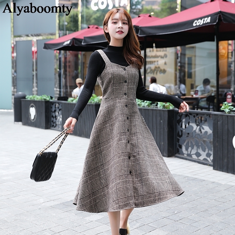 England Style Autumn Winter Women Midi Sundress Suspenders Vintage Plaid Woolen Sleeveless Dress Elegant Chic Warm Vestido Mujer 201008