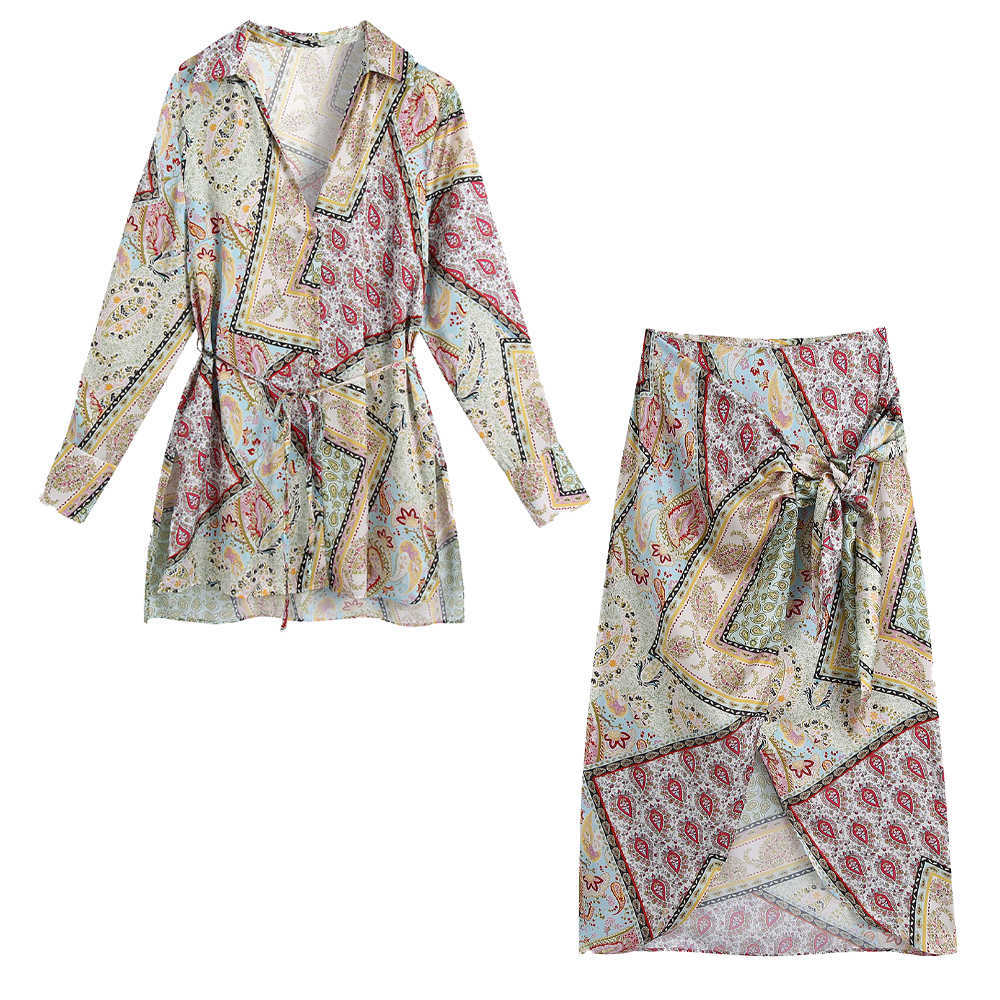 Two piece set Women Long Shirt Blouse top Vintage Midi Skirt with Knot Casual Printed Women Outfit Dress Sets Summer 210709
Two piece set Women Long Shirt Blouse top Vintage Midi Skirt with Knot Casual Printed Women Outfit Dress Sets Summer 210709