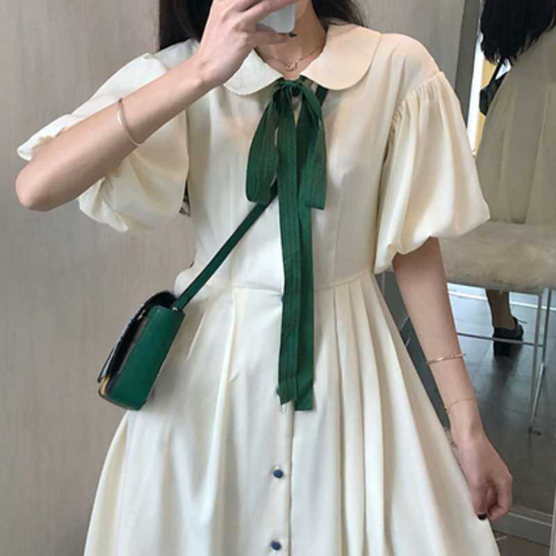 Women Stripe Dress Summer Bow Tie Peter Pan Collar Vestidos Femme Causal Puff Sleeve Single Breasted Dresses 6J580 210603