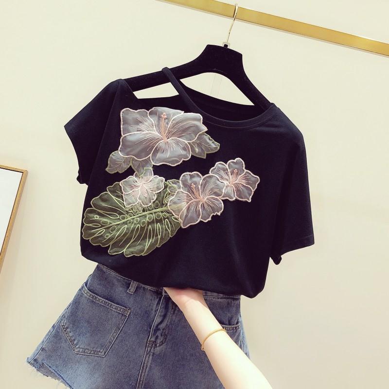 Neploe Korean Mesh 3D Flowers Women T-shirts Strapless Short Sleeve O-neck Korean T Shirt Summer Causal Top Tee Femme 4A427 210306