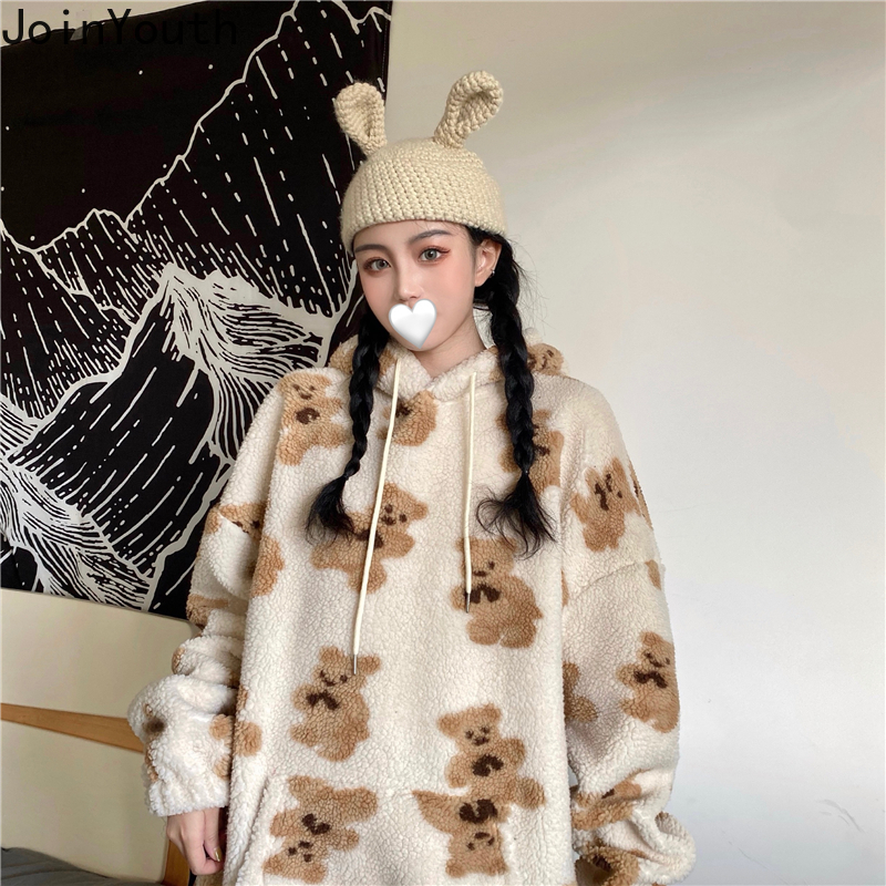 Joinyouth Sweatshirt Fall Winter Clothes Women Korean Hooded Cartoon Bear Thicked Outwear Lamb Wool Loose Casual Hoodies Coat 201202