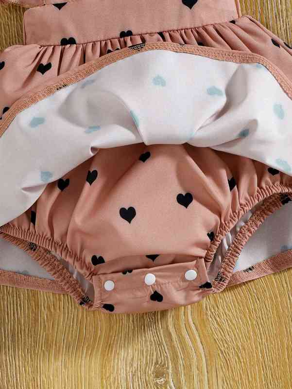 Baby Heart Print Ruffle Trim Combo Bodysuit Dress & Headband SHE