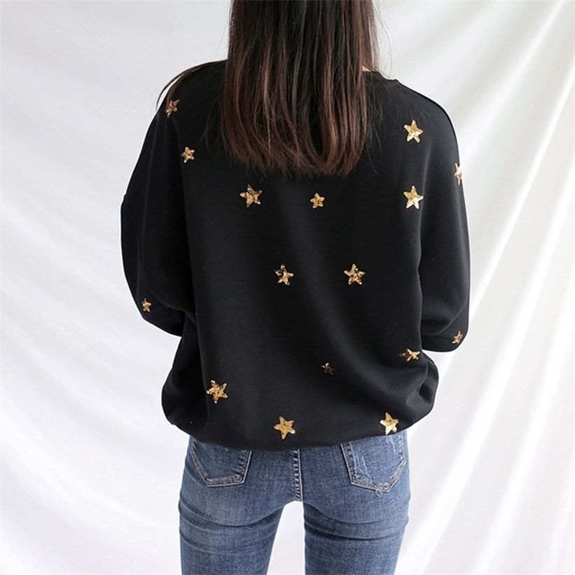 PERHAPS U Women Autumn Winter Crew Neck Black Star Sequined Bling Sweatshirts Pullovers Casual H0037 201217