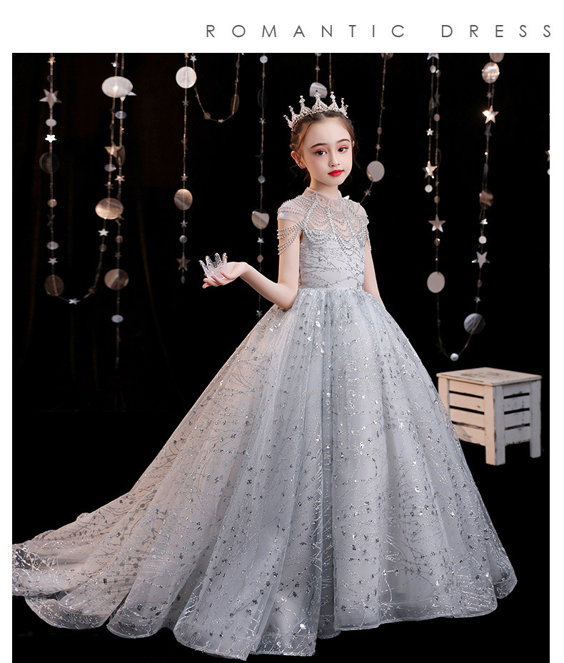 Sliver Vintage Flower Girls' Dresses Ivory Baby Infant Toddler Baptism Clothes with High Neck Long Lace Tutu Ball Gowns Birthday Party Dress