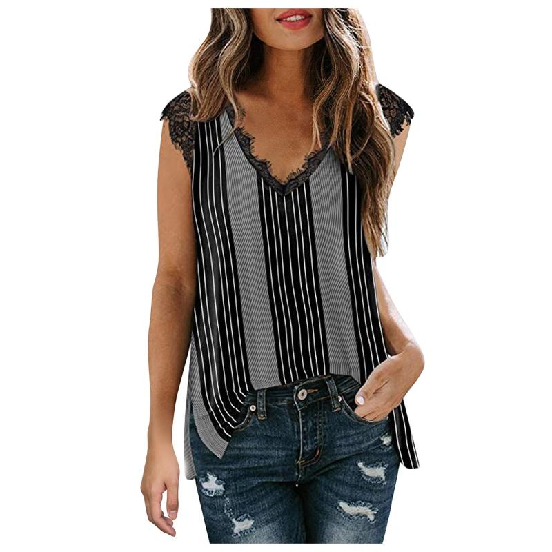 Women' T-Shirt Fashion T Shirt Summer Casual Stripe Print Oversized V-neck Lace Sleeveless Top Camisetas De Mujer, Bk
Women' T-Shirt Fashion T Shirt Summer Casual Stripe Print Oversized V-neck Lace Sleeveless Top Camisetas De Mujer, Bk
