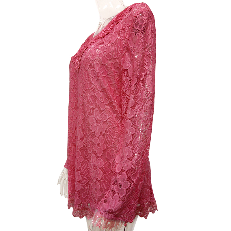 YTL Women Plus Size Retro Solid Pink Floral Lace Blouse Long Sleeve V Neck Crochet Tunic Top Ladies Shirts Tee 6XL 7XL 8XL H026 210225