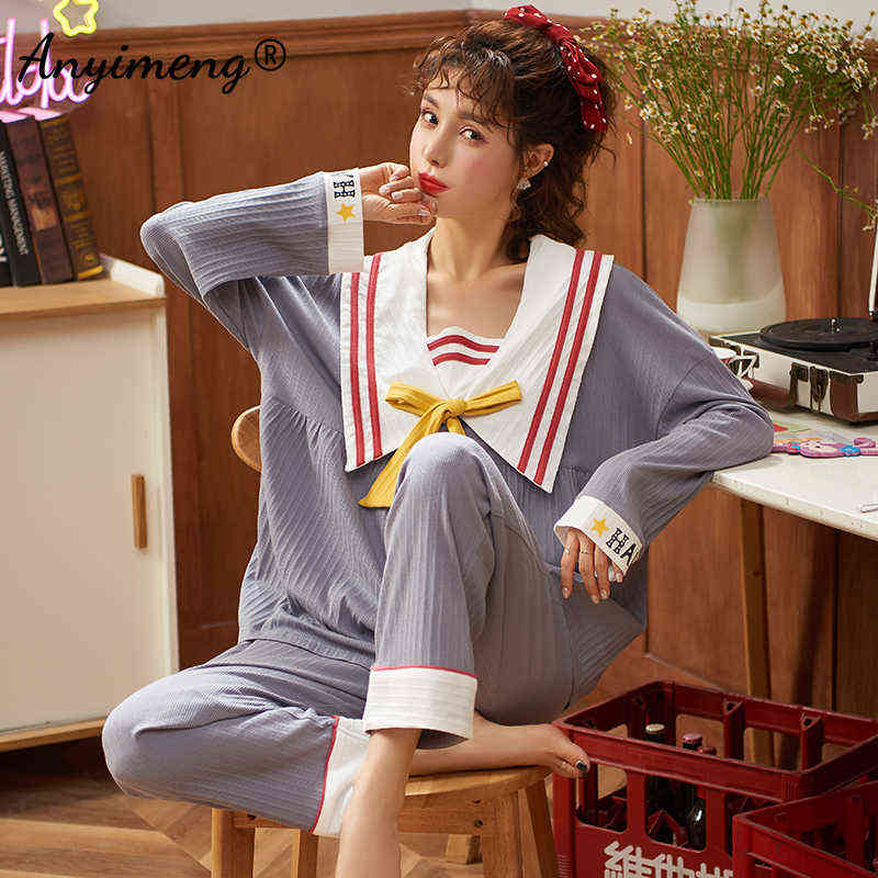 Navy Lapel Kawaii Pj Cotton Korean Style Fashion Pajamas for Young Ladies Teenager Student Girls Autumn Winter Home Clothing 211118