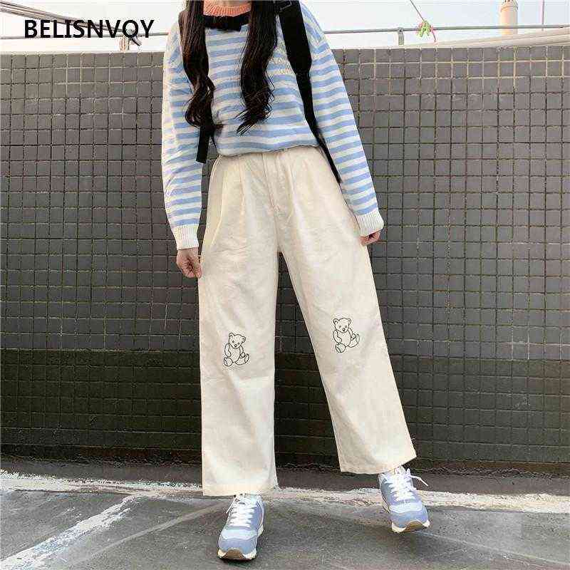Japanese Kawaii Harajuku Teen Girls Loose Bear Embroidery Wild Leg Baggy Pants Casual Female Sweet Cute Sweatpants Trousers 211115