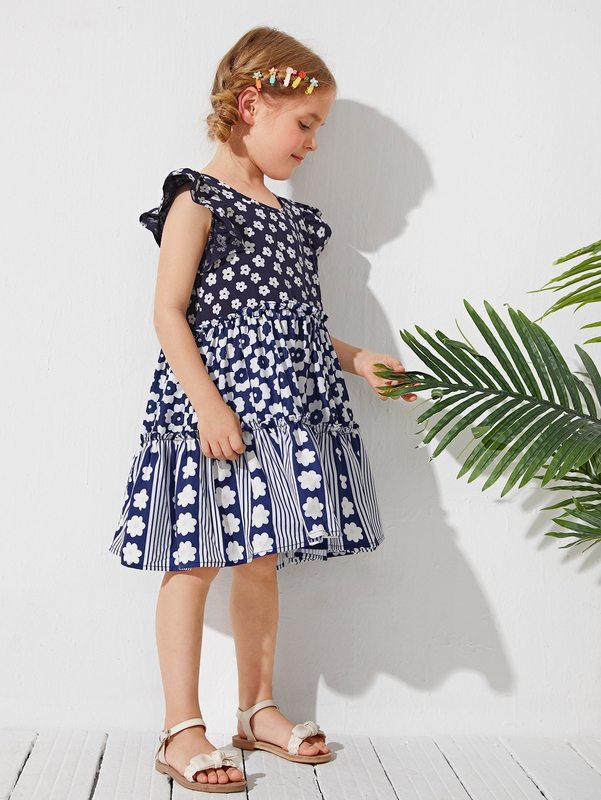 Toddler Girls Frill Trim Floral and Striped Dress SHE