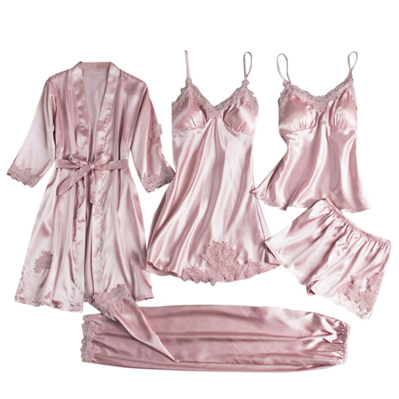 Women's Sleepwear 5pcs Kimono Robe Gown Satin Pajama Set Women Pour Femme Lace Trim Intimate Lingerie Loungewear V-neck Bathrobe Suit