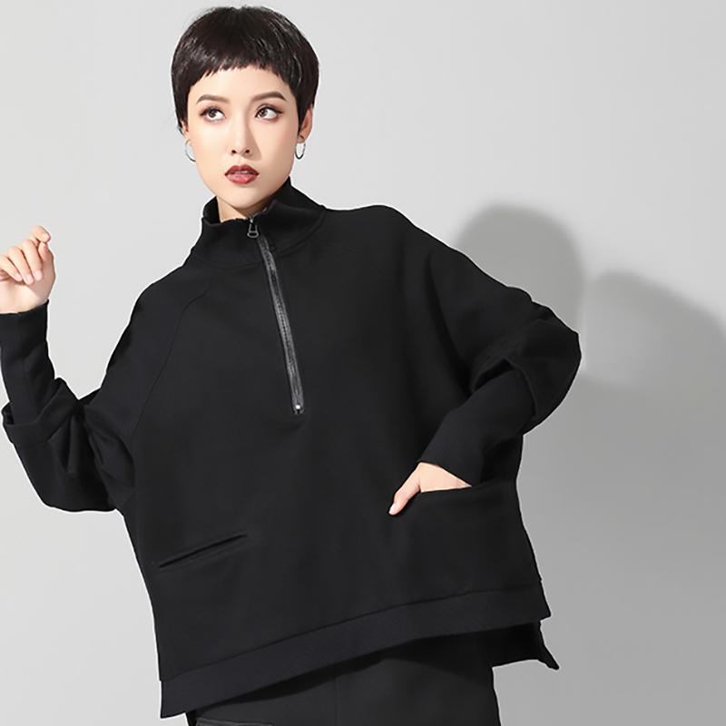 [EAM] New Spring Autumn Stand Collar Long Sleeve Black Zipper Split Joint Big Size Sweatshirt Women Fashion Tide LJ201130