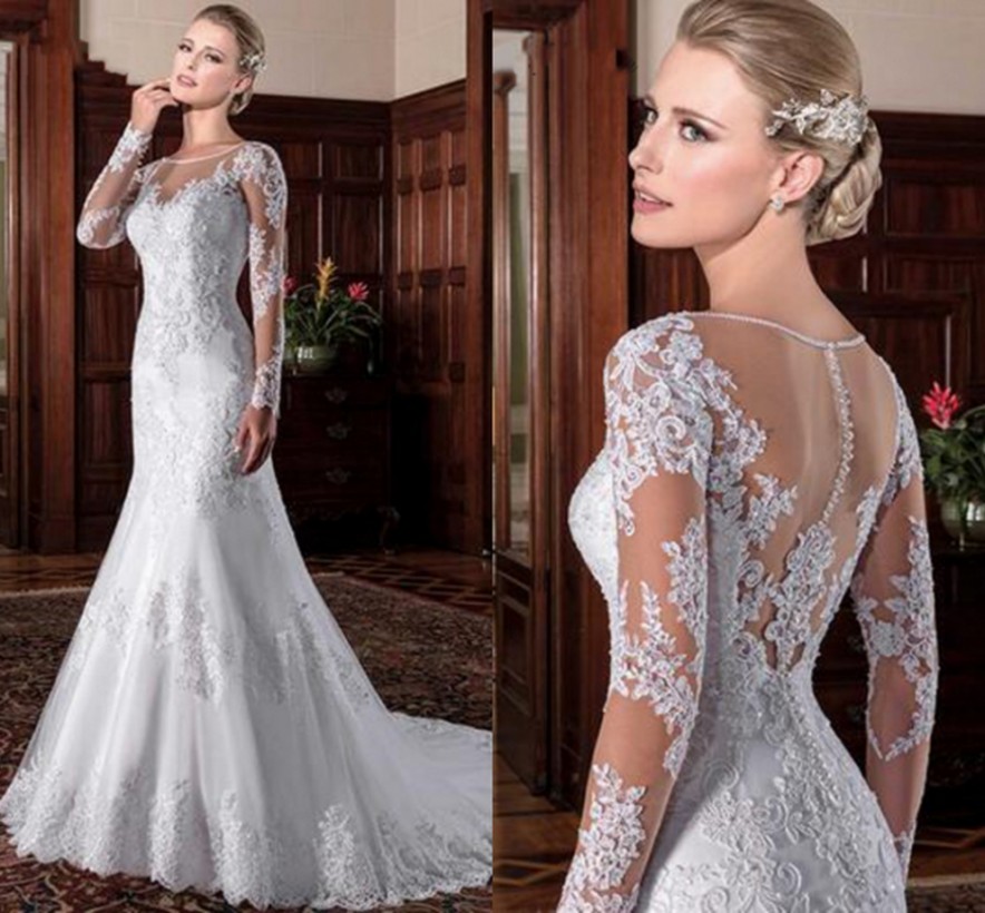 Illusion Vintage Mermaid Wedding Dress 2022 vestidos de novia Embroidery Appliques Long Sleeves White Bridal Gown robe de mariee