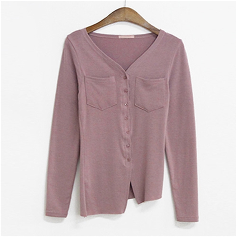 New Autumn T Shirt Women Basic Tshirts Female Casual Tops Long Sleeve Sexy Thin Tshirt buttons vneck pink cardigan T200319