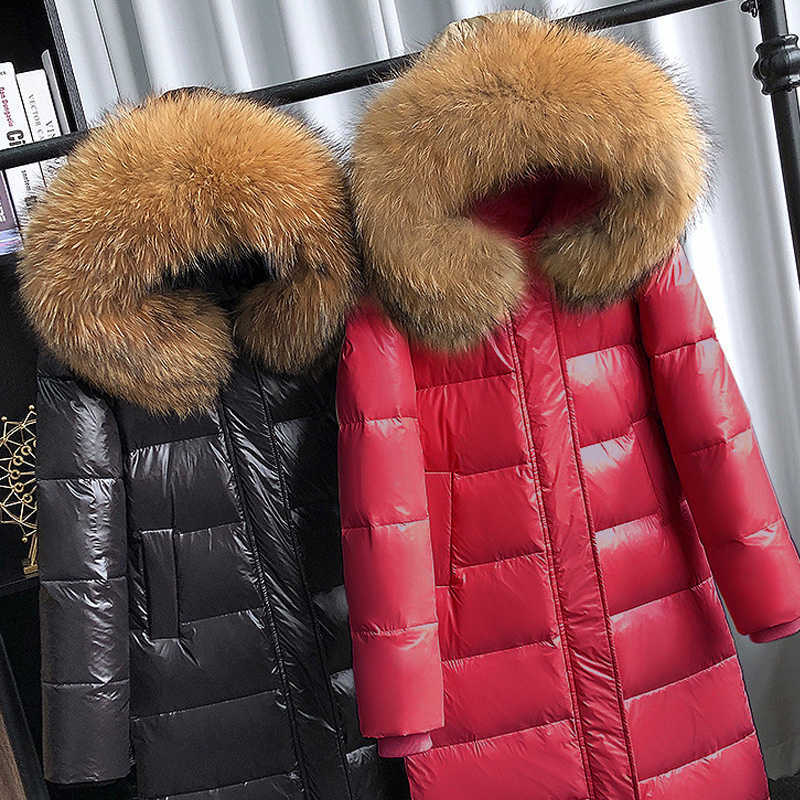 Large Natural Raccoon Fur Collar Hooded Winter Down Jacket Women 90% White Duck Down Thick Warm Park Female Long Snow Coat 210819