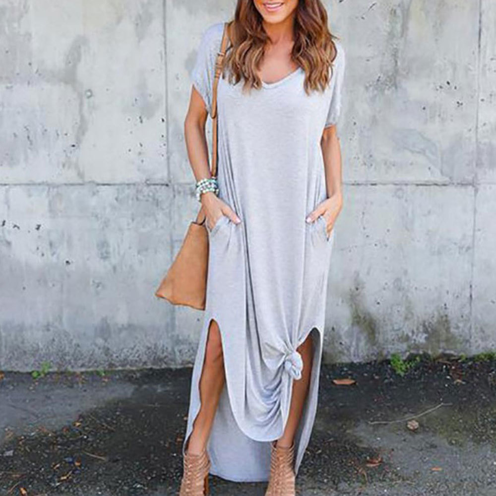 Jocoo Jolee Women Plus Size 5XL Long Dress Vintage Short Sleeve Solid Maxi Dress Casual T Shirt Dress Summer Loose Sundress 210309