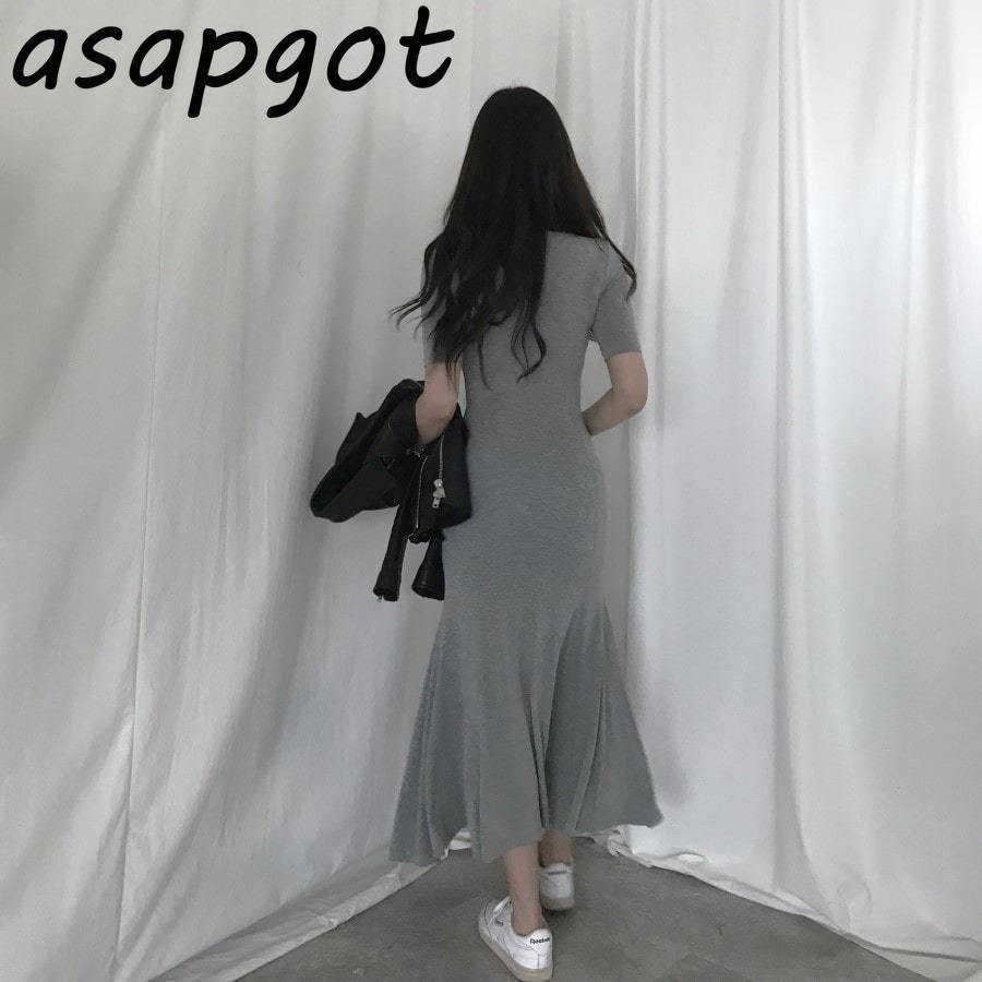 Casual High Elastic Plus Size O Neck Modal Cotton Black Side Split Mermaid Dress Women Short Sleeve Grey Wild Vestido 210630