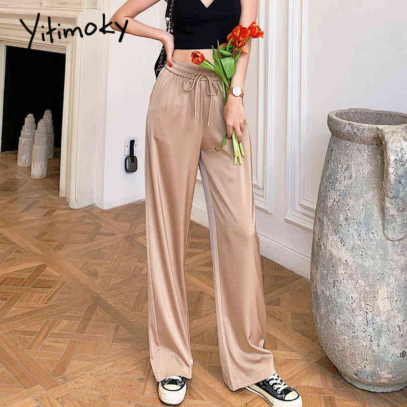 Yitimoky Satin Silk Pants Women Wide Leg Loose Drawstring Office White Fashion Black Elastic High Waist Trousers 211115