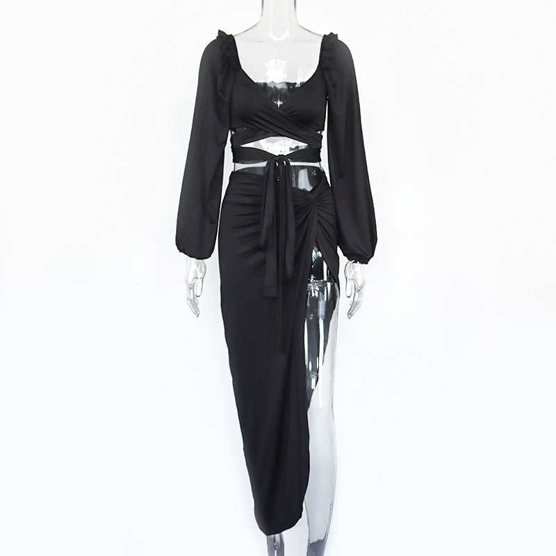 Colysmo Autumn Two Piece Set Women Long Lantern Sleeve Sexy Low Out Tie Up Crop Top Split Skirts 2 Clothes 210527