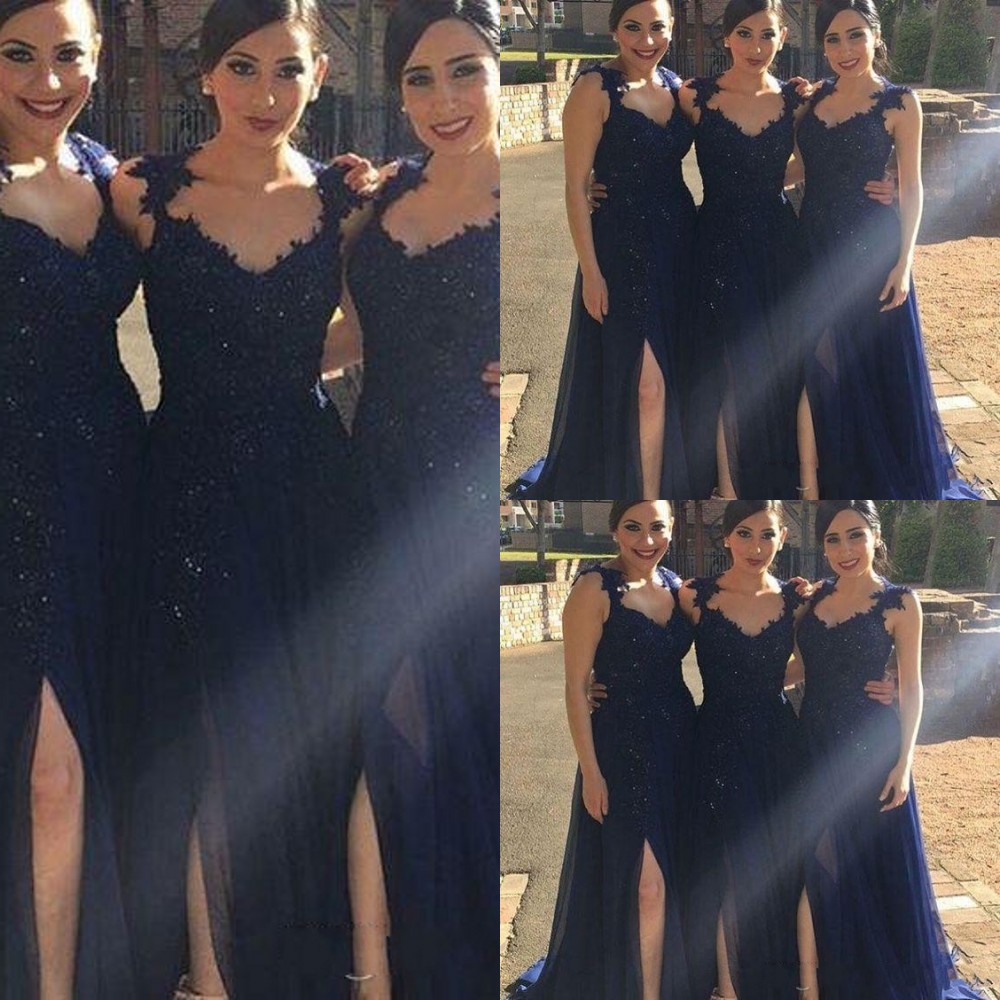 2021 Cheap Navy Blue Bridesmaids Dresses Lace Appliques Beads Chiffon Side Split Country African Formal Plus Size Maid Of Honors Prom Gowns