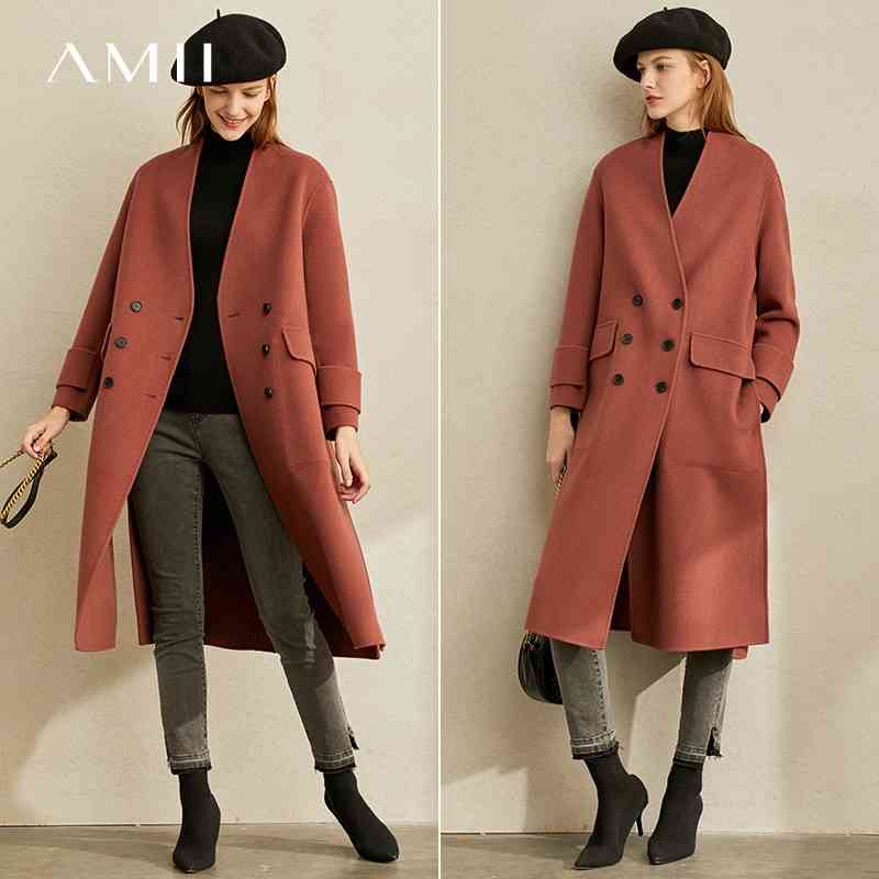 Vintage Double Woolen Coat Autumn Winter Women V-neck breasted Solid Loose Female Mid Long Jackets 11940487 210527