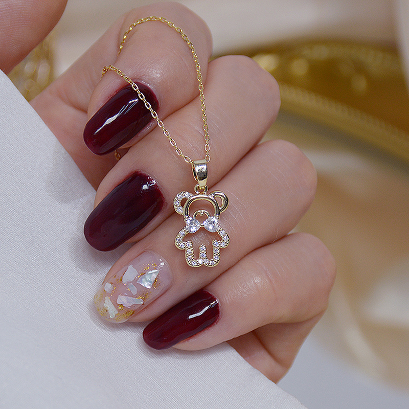 Feminia Cute Bear Short Necklace for Women Ins Shine Zircon Choker Birthday Gift Wedding Jewelry Pendant