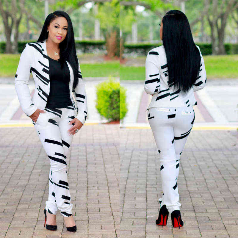 Women 's Fashion Black & White Striped Print Shoulder Jacket + Pants Two - piece Set LOW LUV 211105