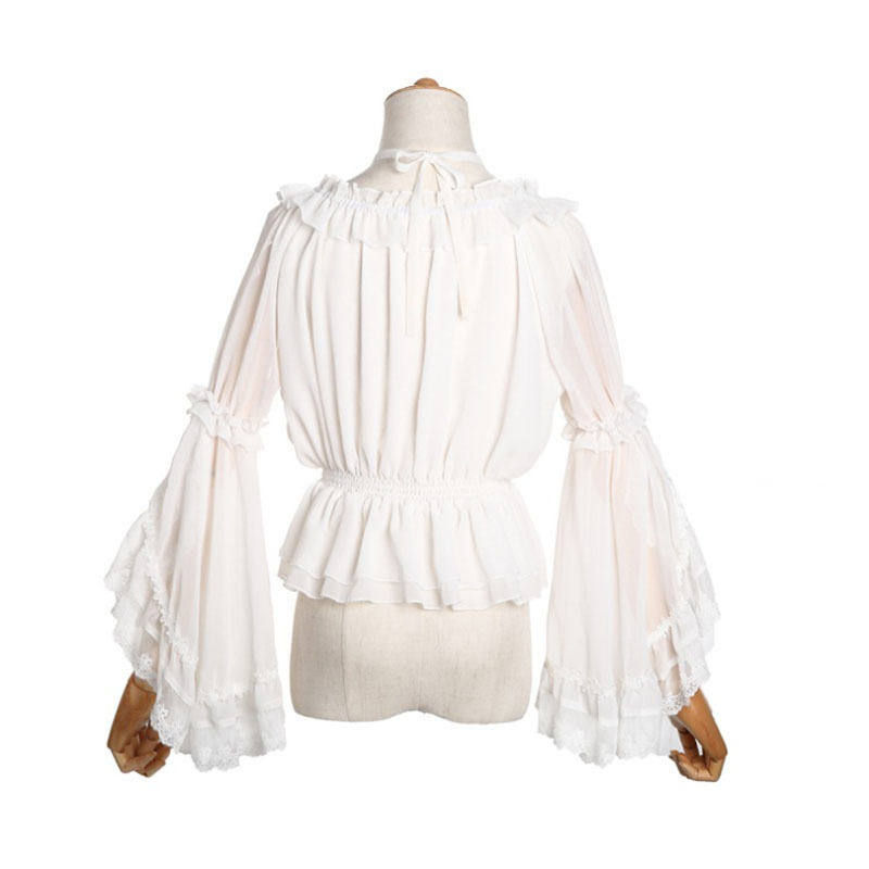 Chiffon Lolita Lace Blouse Strap Under Shirt Halter Neck Off Shoulder Women Long Flounce Tops Bell Sleeves For Plus Size 210225