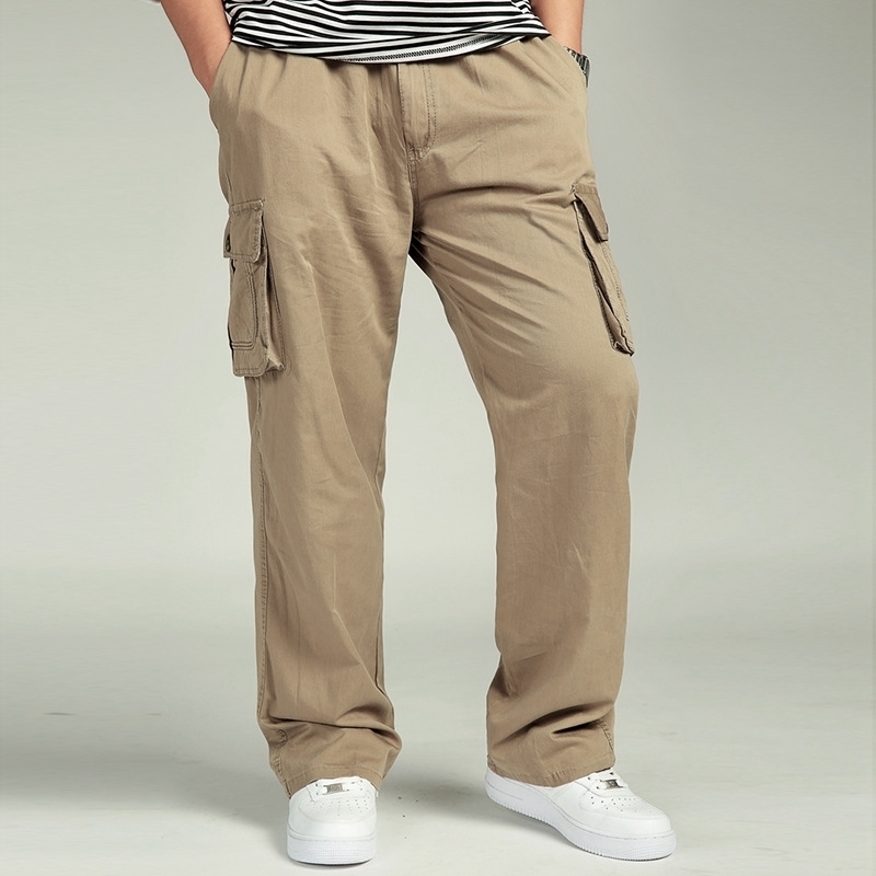 Men's casual trousers cotton overalls elastic waist full len multipocket plus fertilizer XL men's clothing big size cargo pants T200219