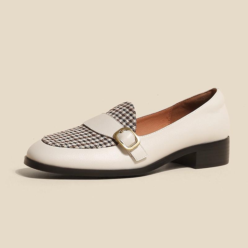 Dress Shoes Scotland Style Houndstooth Patchwork Cow Leather Loafers Women Round Toe Metal Buckle Decoration Block Low Heels Pumps, Beige
Dress Shoes Scotland Style Houndstooth Patchwork Cow Leather Loafers Women Round Toe Metal Buckle Decoration Block Low Heels Pumps, Beige