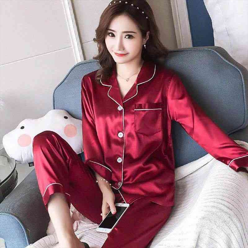 2 pcs set spring satin women sleepwear pajama silk long sleeve wear suit v neck  3xl ladies short casual, Black;red 
2 pcs set spring satin women sleepwear pajama silk long sleeve wear suit v neck  3xl ladies short casual, Black;red