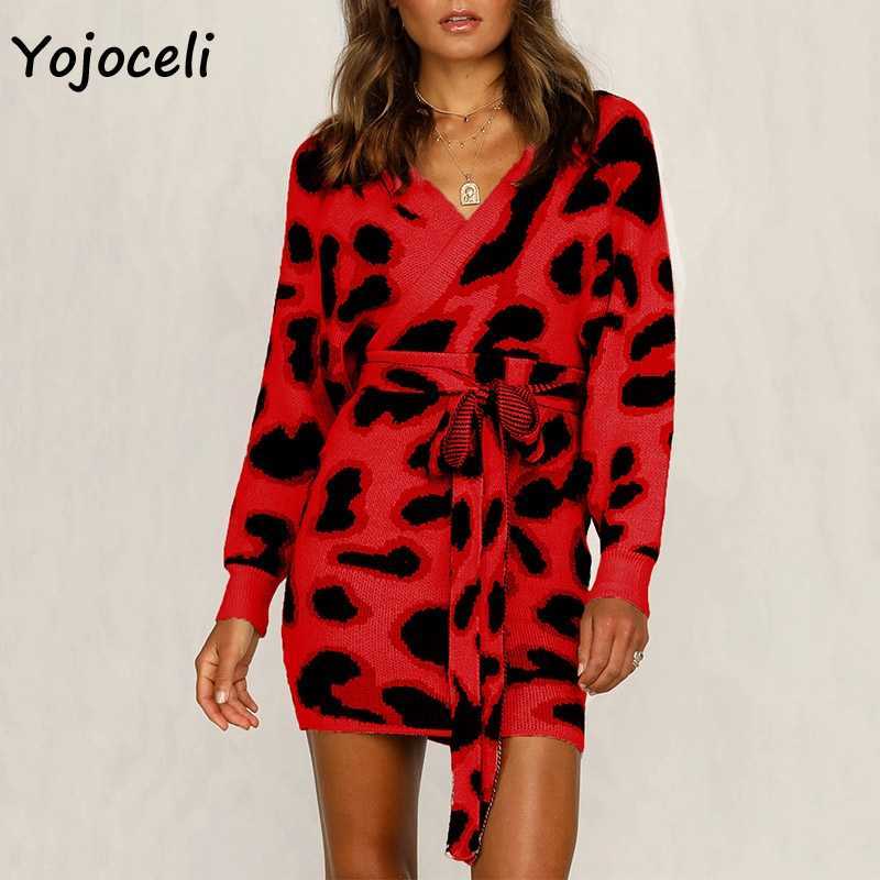 Yojoceli autumn winter leopard knit dres v neck bodycon mini streetwear day sweater 210609