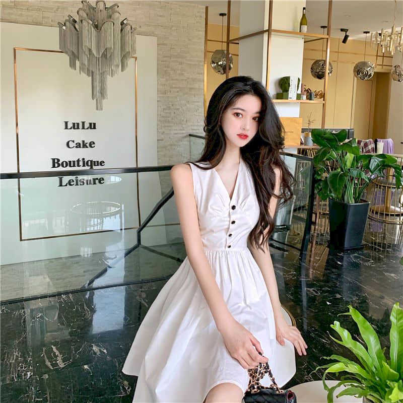 Clothing Aesthetic Dress niche waist slimming skirt summer temperament goddess sleeveless v-neck a-line dress high street 210526