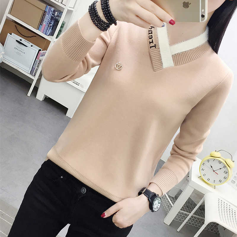 Plus thick V-Neck slim sweater women letter fashion lettter print knitted pullover winter warm patchwork skinny tops female 210918