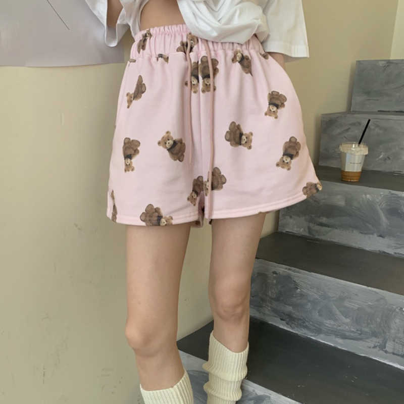 Korean Cartoon Bear Printed Shorts Women Lace Up Stretch High Waist Bottoms Summer Causal Wide Leg Short Feminimo 6G964 210603