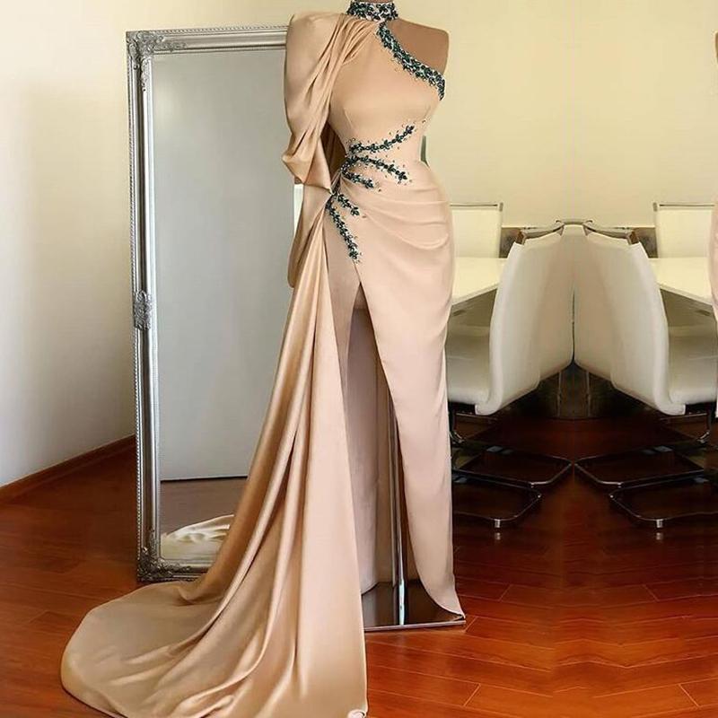 Pink Evening Blush Satin Dresses 2021 High Neck One Shoulder Side Split Sexy Dubai Arabic Prom Party Gowns Hunter Green Beaded Ruched Robes