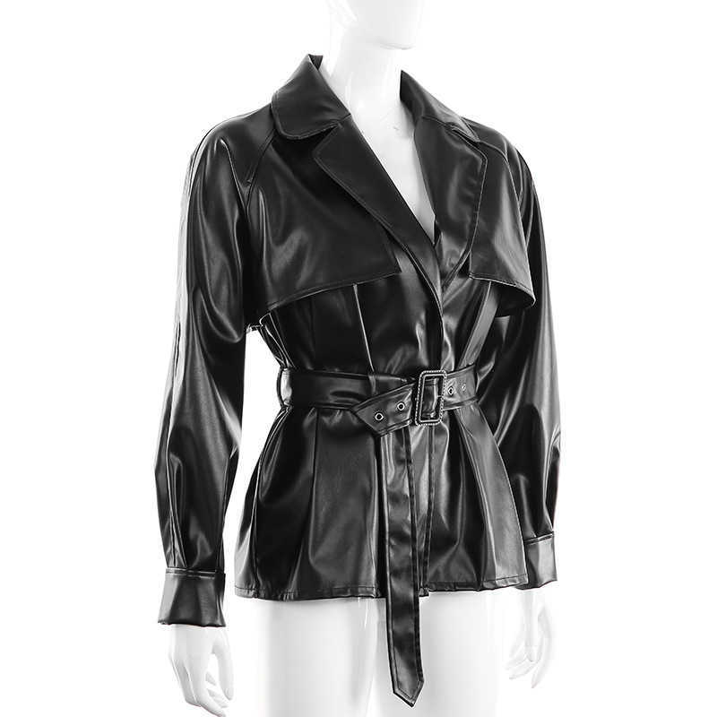 Ly Varey Lin Autumn Women Faux Soft Leather Oversize Jacket Turndown Collar Black Punk Pu Moto Overcoat With Belt 210526