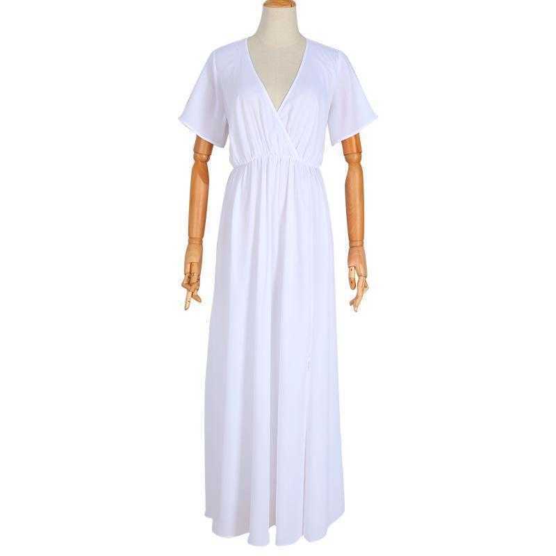 Women Dress V-neck Short Sleeve Split Black White Summer Dresses Plus Size Long Fashion Clothes 210524