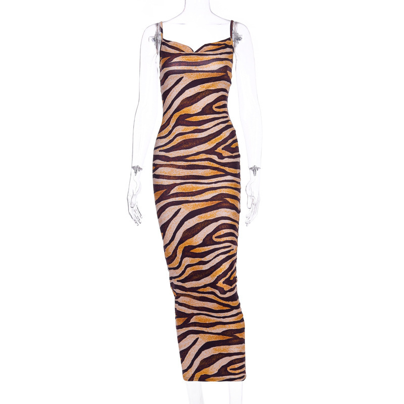 Urban Sexy Dresses Viifaa Multicolor Zebra Skin Print Summer Sexy Women Cami Long Dress Spaghetti Strap Sleeveless Party Slim Bodycon Dresses 210222