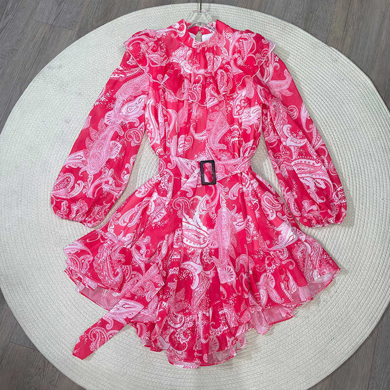 DEAT Women Ruffles Printing Dress Stand Neck Long Sleeve Lady Temperament Fashion Spring Summer 11D1878 210709