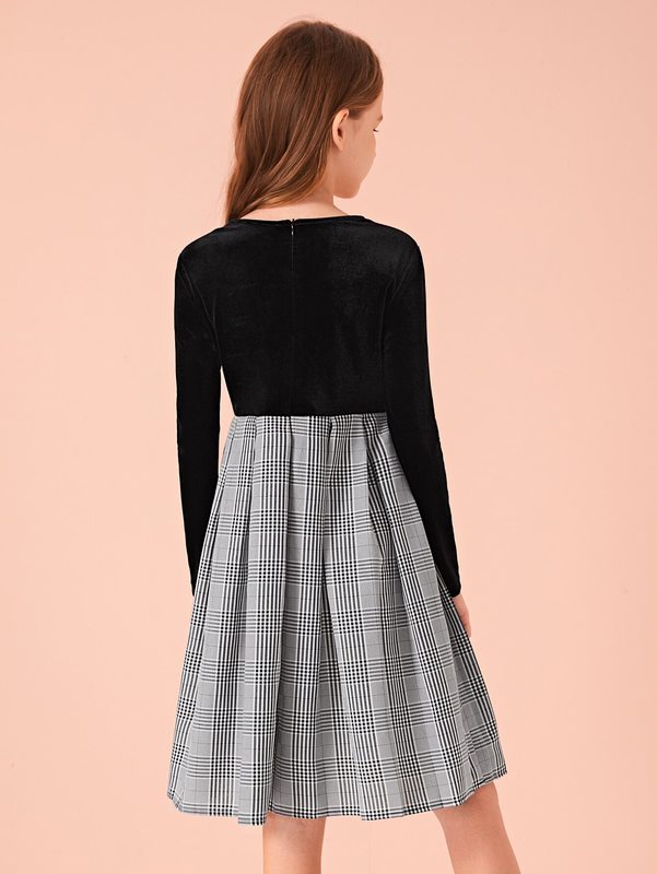 Girls Velvet Bodice Bow Detail Plaid Combo Dress SHE