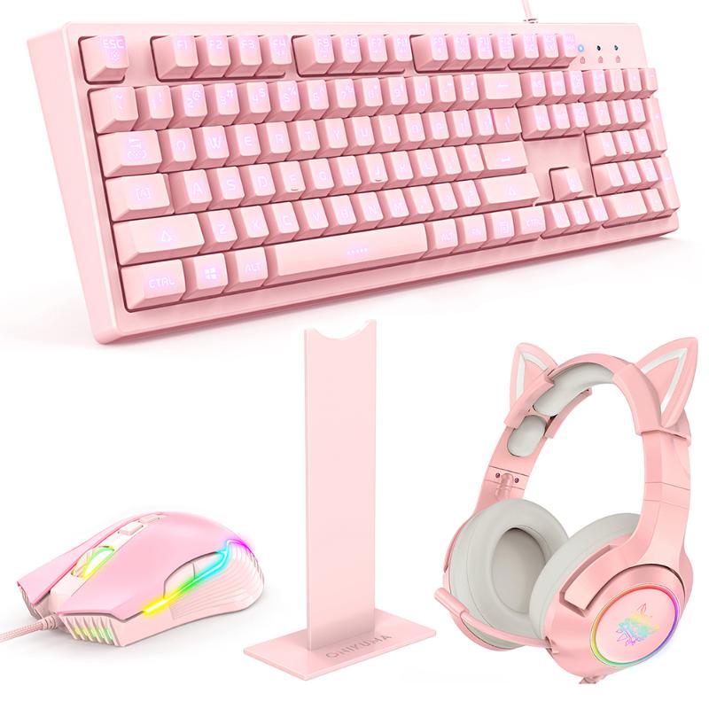 Keyboard Mouse Combos ONIKUMA K9 Pink Gaming Headphones+Mouse And Set For Kids Girl Headset With Mic & LED Light Laptop/PC/PS4/PS5