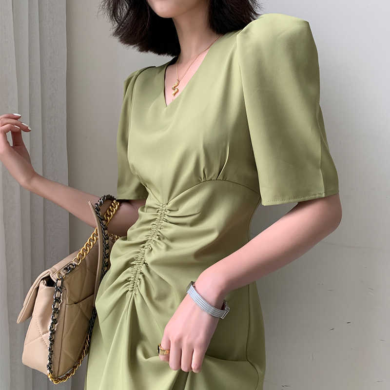 Puff sleeve dress women summer style solid color V neck niche vintage French dresses office lady outfit 210608