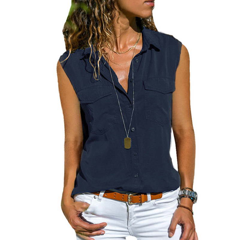 Summer Casual Blouse Women Top And Blouse Women Shirt Sleeveless Button Pocket Black Solid Turn-down Collar Shirt 42