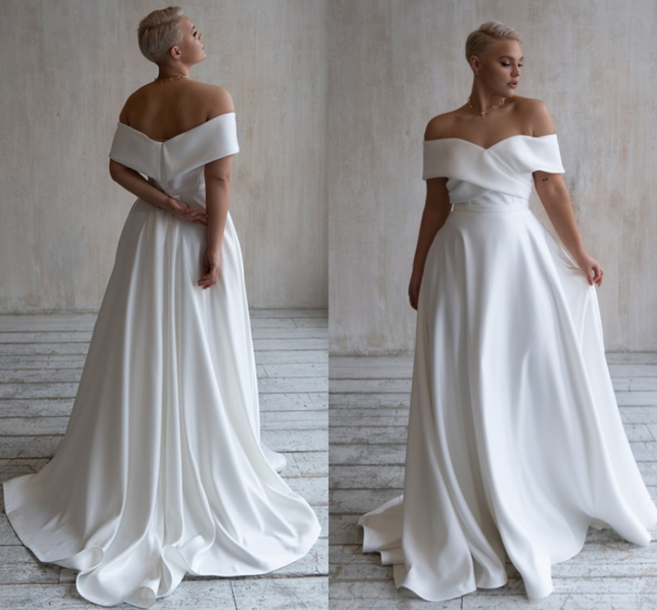 New Wedding Dress Plus Size 2021 Off The Shoulder Simple A Line Soft Satin Bridal Gown Sweep Train for Big Bride