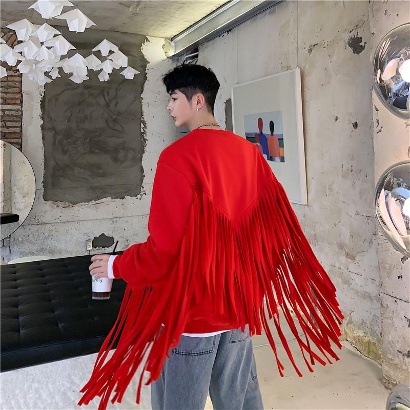 Men's Hoodies & Sweatshirts Men Male Fashion Tassel Loose Casual Hoodie Top Pullovers Singer Dance Costumes, Red