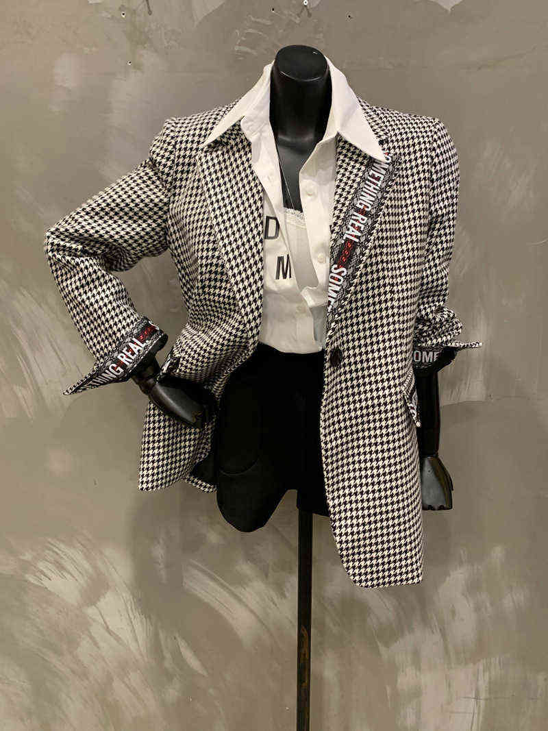 Autumn and Winter Lace-up Houndstooth Woolen Blazer Women's Loose Grid Retro Small Suit Wool Coat Ladies 211122