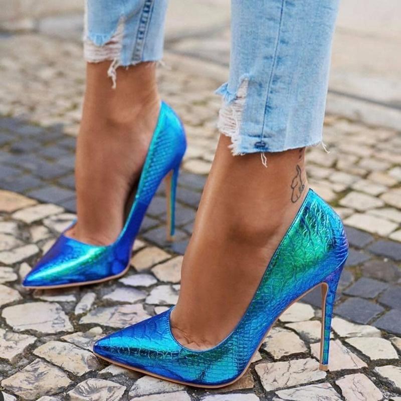 Dress Shoes Sexy Iridescent Snakeskin High Heel Pump Hologram Patchwork 12cm Stiletto Heels Python Printed Pointy Toe