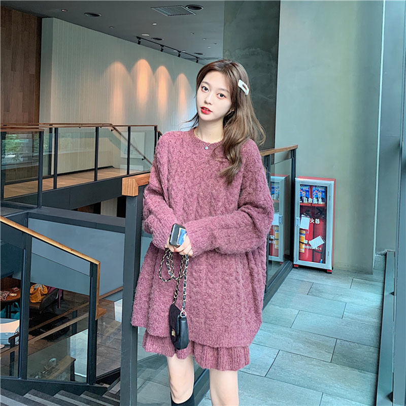Women's Autumn Winter New Twist Woven Knit Sweater Set Loose Oneck Long Sweater Ruffled Knit Mini Skirt Twopiece ML240 201102