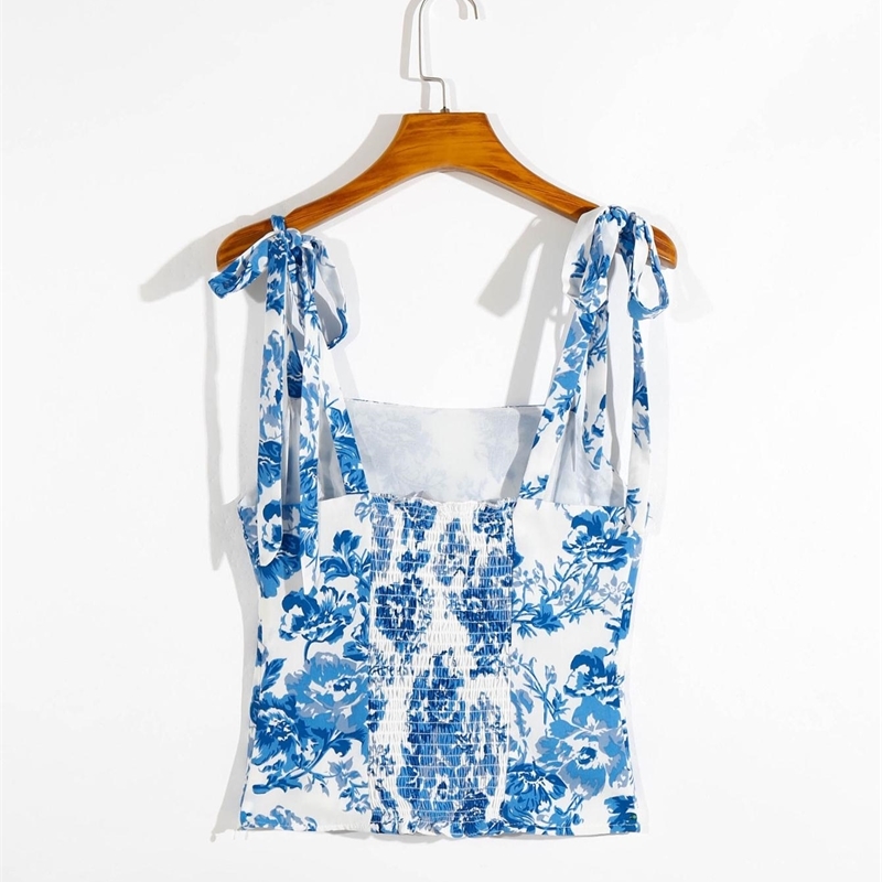 Tie Bow Strap Blue White Floral Print Camis Women Summer Ruched Short Tank Tops Retro Cool Girl Sexy Slim Crop Top Tees 210308