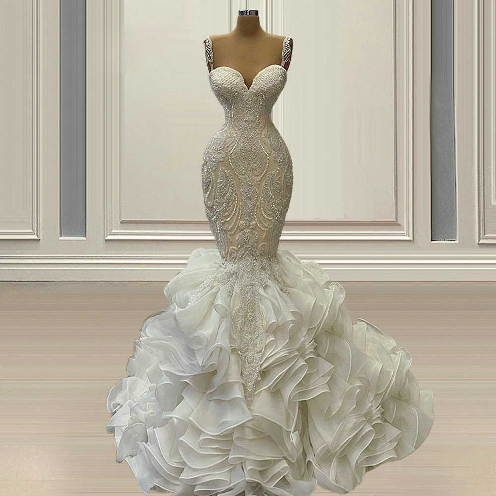Pearls Mermaid Gorgeous Sequined Wedding Dresses Beaded Spaghetti Straps Sweetheart Neck Bridal Gowns Tiered Sweep Train Organza Robe De Marie